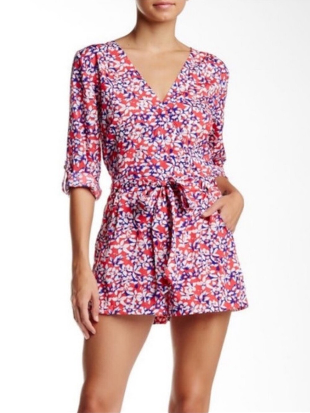 Yumi Kim Floral Print Belted Tie Waist Romper Red White Blue Beach Vacation XS